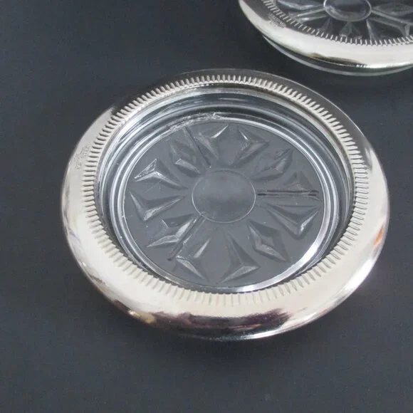 6 Glass Coasters Silver Plate Rims - Picture 6 of 6